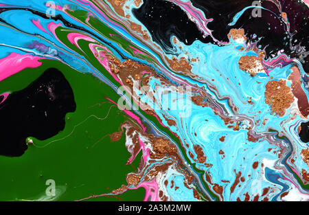 Abstract marble black blue white color paint and gold glitter background. Acrylic texture with marble pattern Stock Photo