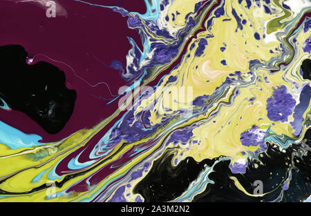 Closeup view of an original acrylic painting fragment on wood. Hand painted abstract grunge background. Colorful textured. Modern art, contemporary ar Stock Photo