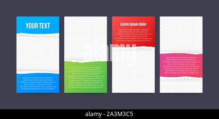 Stories template for social media with colored torn paper editable on transparent background. Vector stock illustration. Stock Vector
