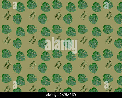 Seamless monstera leaf pattern and the inscription tropical leaves. Stock Photo