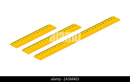 Isometric set of wooden rulers 15, 20 and 30 centimeters with shadows isolated on white. Measuring tool. School supplies. Vector stock illustration. Stock Vector
