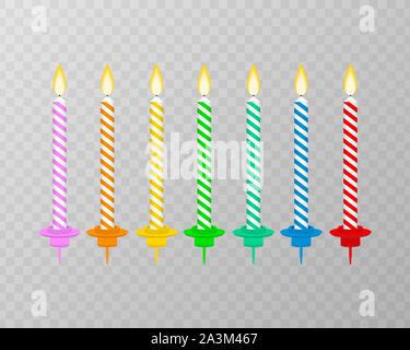Candles with burning flames of wax paraffin. Birthday cake candles. Vector stock illustration. Stock Vector