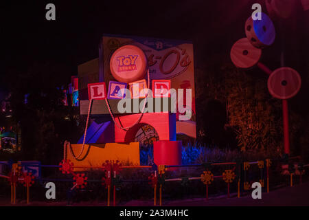 Orlando, Florida. September 27, 2019. Colorful Toy Story Land sign at night in Hollywood Studios Stock Photo