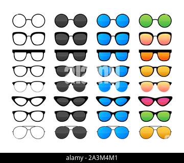 Colored Sunglass frame set isolated on white background. Vector illustration. Stock Vector