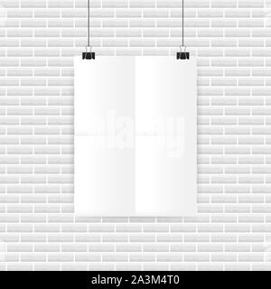 White posters hanging on binder. Grey wall with mock up empty paper blank. Vector stock illustration. Stock Vector