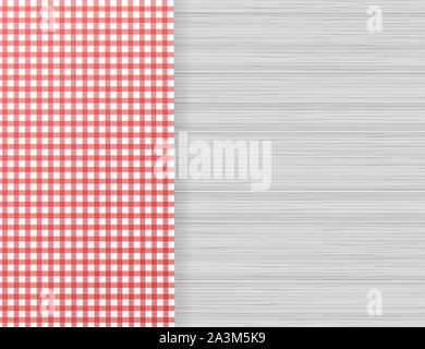 Red corner tablecloth on white wood table. Vector stock illustration. Stock Vector