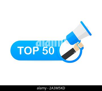 Megaphone Hand, business concept with text Top 50. Vector stock illustration Stock Vector