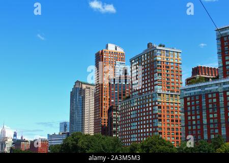 View from the Hudson River of apartment blocks in Battery Park City, Lower Manhattan, New York. Stock Photo