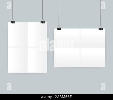 2 Blank White Paper Posters Hanging On A Grey Wall Background. Poster 