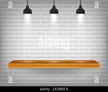 Vector empty wooden shelf isolated on gray brick wall background. Vector stock illustration. Stock Vector