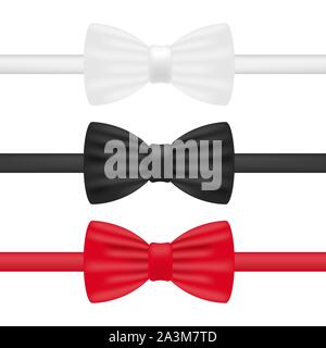 Bowtie. White, black and red bow tie realistic vector stock illustration isolated on white background. Stock Vector