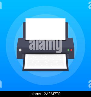 Flat printer icon. printer with paper a4 sheet and printed text document. Vector stock illustration. Stock Vector
