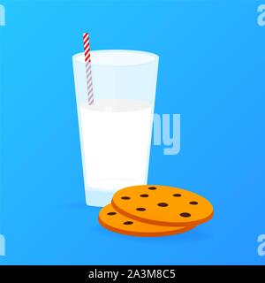 Glass of milk and chocolate chip cookies. Vector stock illustration Stock Vector