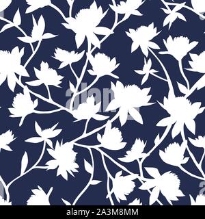 Clover Flowers Seamless Vector Pattern. White Silhouettes on Dark Blue Trendy Color Background. Honey Flowers Surface Texture. Simple Modern Printable Wallpaper Design or Scrapbook Paper Texture Stock Vector