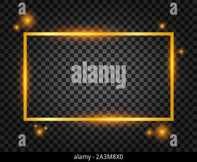Vector golden frame with lights effects. Rectangle banner. Glowing magic frame. Vector stock illustrtaion. Stock Vector