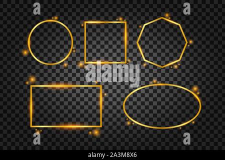 Vector golden frame with lights effects. Rectangle banner. Glowing magic frame. Vector stock illustrtaion. Stock Vector