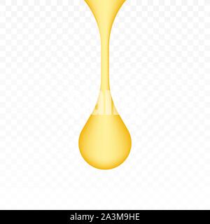 Oil drop, yellow water droplet or gold honey drip isolated on transparent background. Golden caramel. Vector stock illustration. Stock Vector