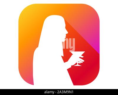Silhouette of a girl with a glass flat icon with long shadow. Gradient background. Vector illustration Stock Vector