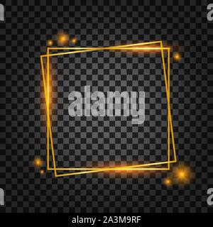 Vector golden frame with lights effects. Rectangle banner. Glowing magic frame. Vector stock illustration. Stock Vector