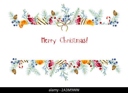 Holiday template on a white background for invitation cards, postcards, New Year's letterhead, other design.Coniferous branches, gingerbread cookies, Stock Photo