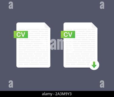 Download CV button. Downloading document concept. File with CV label and down arrow sign. Vector stock illustration. Stock Vector