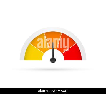 Round temperature gauge, isolated on white background. Colored measuring semicircle scale in flat style. Vector stock illustration. Stock Vector