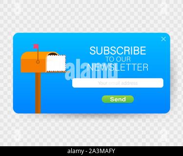 Email subscribe, online newsletter vector template with mailbox and submit button. Vector stock illustration. Stock Vector