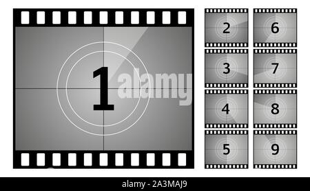 Vintage retro cinema. Countdown frame. Art design. Old film movie timer count. Vector stock illustration. Stock Vector