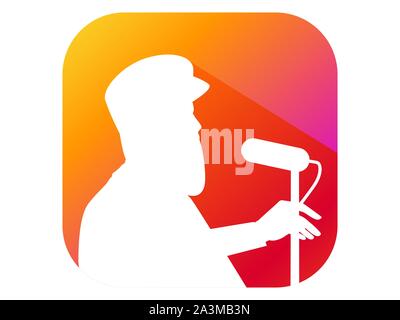 Man speaks into the microphone from the podium, flat style icon with long shadow. Gradient background. Vector illustration Stock Vector