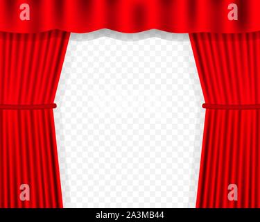Entertainment curtains background for movies. Beautiful red theatre folded curtain drapes on black stage. Vector stock illustration. Stock Vector