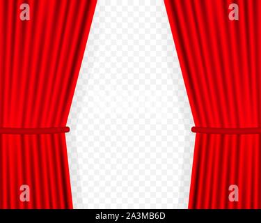 Entertainment curtains background for movies. Beautiful red theatre folded curtain drapes on black stage. Vector illustration. Stock Vector