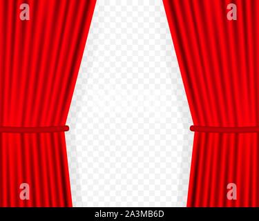 Entertainment curtains background for movies. Beautiful red theatre folded curtain drapes on black stage. Vector stock illustration. Stock Vector
