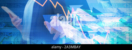 Composite image of mid section of businesswoman using mobile phone while using imaginary interface Stock Photo
