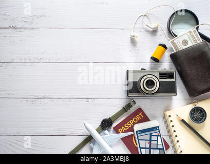 flat lay of travel item accessory, essential vacation items accessory with copy space. travel concept background Stock Photo