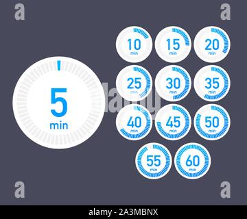 Set of timers. Sign icon. Full rotation arrow timer. Colored flat icons. Set of 12 timer icons. Flat Design Vector stock Illustration Stock Vector