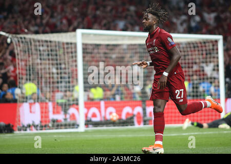 Madrid Spain June 1 19 Divock Origi Of Liverpool Celebrates In Front Of The Fans After He Scored A Goal During The 18 19 Uefa Champions League Final Between Tottenham Hotspur England