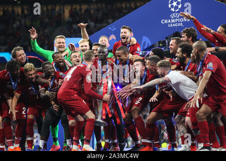 MADRID, SPAIN - JUNE 01, 2019: Liverpool squad pictured during the final of the 2019/20 UEFA Champions League Final. Stock Photo