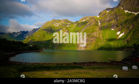 Landscape panoramic view to Eidevatnet lake at Austvagoy, Lofoten, Norway Stock Photo