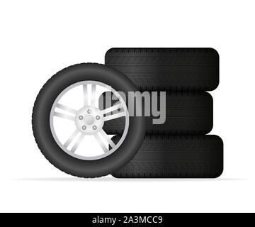 Realistic shining disk car wheel tyre set. Vector stock illustration. Stock Vector