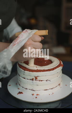 confectioner squeezes the cream on the cake. Girl making a cake. Stock Photo