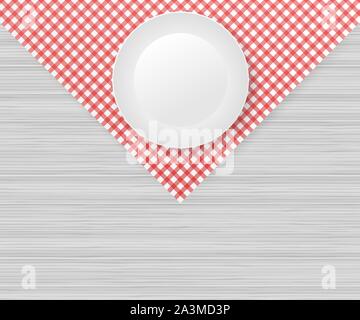 Red corner tablecloth on white wood table. Vector stock illustration. Stock Vector