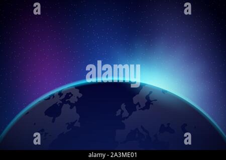 Dawn from space. Dawn from space. Rising sun behind the earth. Vector stock illustration. Stock Vector