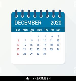 December 2020 Calendar Leaf. Calendar 2020 in flat style. A5 size. Vector illustration. Stock Vector