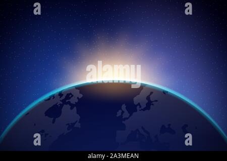 Dawn from space. Dawn from space. Rising sun behind the earth. Vector stock illustration. Stock Vector