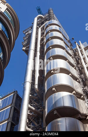 City of London.  A section of Richard Roger's' Lloyd's Insurance Building in Lime Street, showing the external lifts. Stock Photo