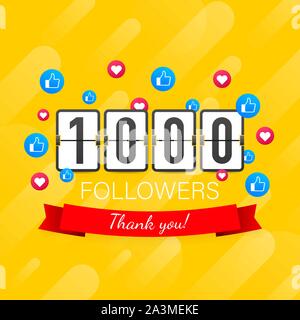 1000 followers, Thank You, social sites post. Thank you followers congratulation card. Vector stock illustration Stock Vector