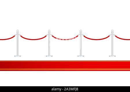 Red carpet with red ropes on golden stanchions. Exclusive event, movie premiere, gala, ceremony, awards concept. Vector illustration. Stock Vector