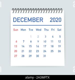 December 2020 Calendar Leaf. Calendar 2020 in flat style. A5 size. Vector illustration. Stock Vector