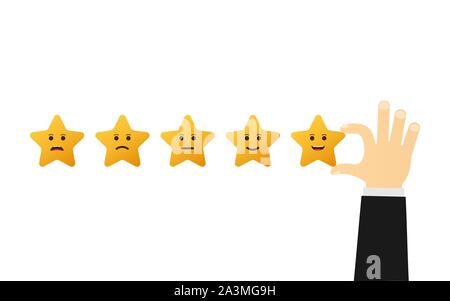 We want your feedback. Badge, stamp with happy and unhappy faces icons. Flat vector illustration on white background Stock Vector