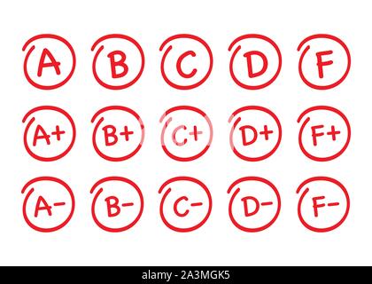 Grade results set. Hand drawn vector grade in red circle. Vector illustration. Stock Vector